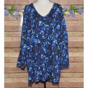 Roaman's Blue Floral V-Neck Long Sleeve Tunic Blouse Top Plus Size 3X Cotton